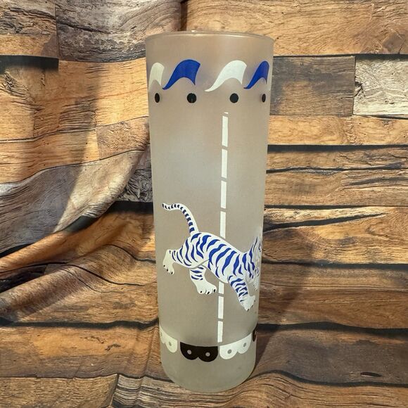 Vtg Libbey MCM Frosted Carousel Circus Blue Tiger Highball Glass 1950s Drinkware - Picture 3 of 8